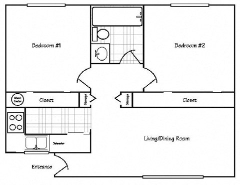 Floor plan for 2 beds, 1 bath, 840 sqft