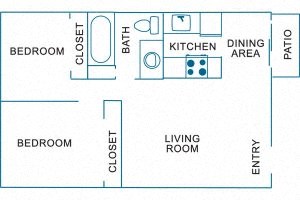 Floor plan for 2 beds, 1 bath, 775 sqft