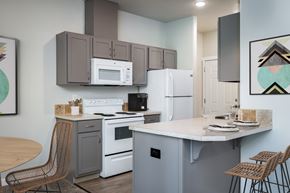Vancouver apartment for rent - A kitchen with a white refrigerator, a white stove, and a white microwave.