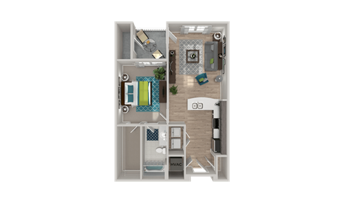 Floor plan for 1 bed, 1 bath, 753 sqft