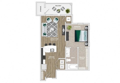 Floor plan for 1 bed, 1 bath, 757 sqft