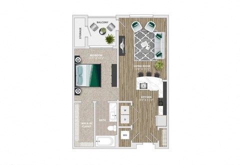 Floor plan for 1 bed, 1 bath, 758 sqft