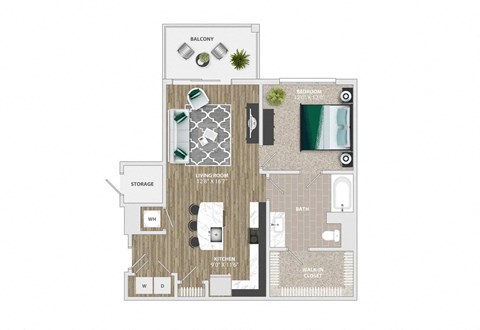 Floor plan for 1 bed, 1 bath, 792 sqft