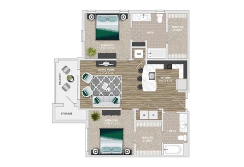 Floor plan for 2 beds, 2 baths, 1064 sqft