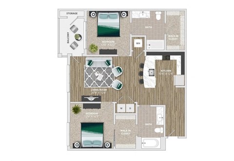 Floor plan for 2 beds, 2 baths, 1156 sqft