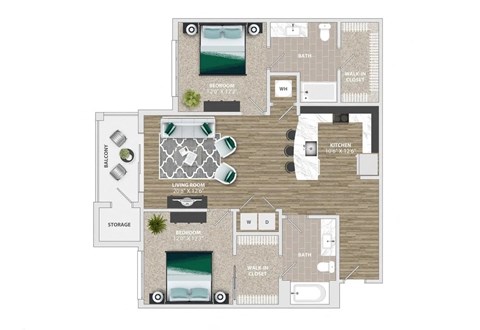 Floor plan for 2 beds, 2 baths, 1153 sqft