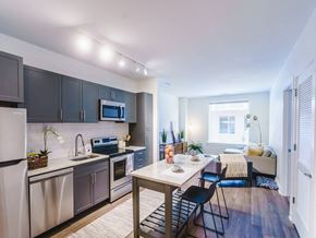 Charlottesville apartment for rent - a kitchen and dining room with stainless steel appliances and a table