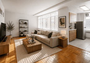Washington apartment for rent - A living room with a white couch, a wooden coffee table, and a television.