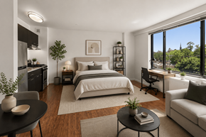 Washington apartment for rent - A modern bedroom with a large bed, a desk with a chair, and a potted plant.