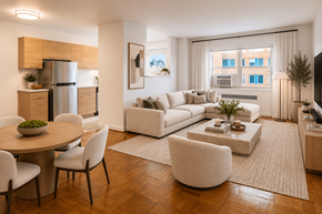 Washington apartment for rent - A modern living room with a wooden floor and white furniture.