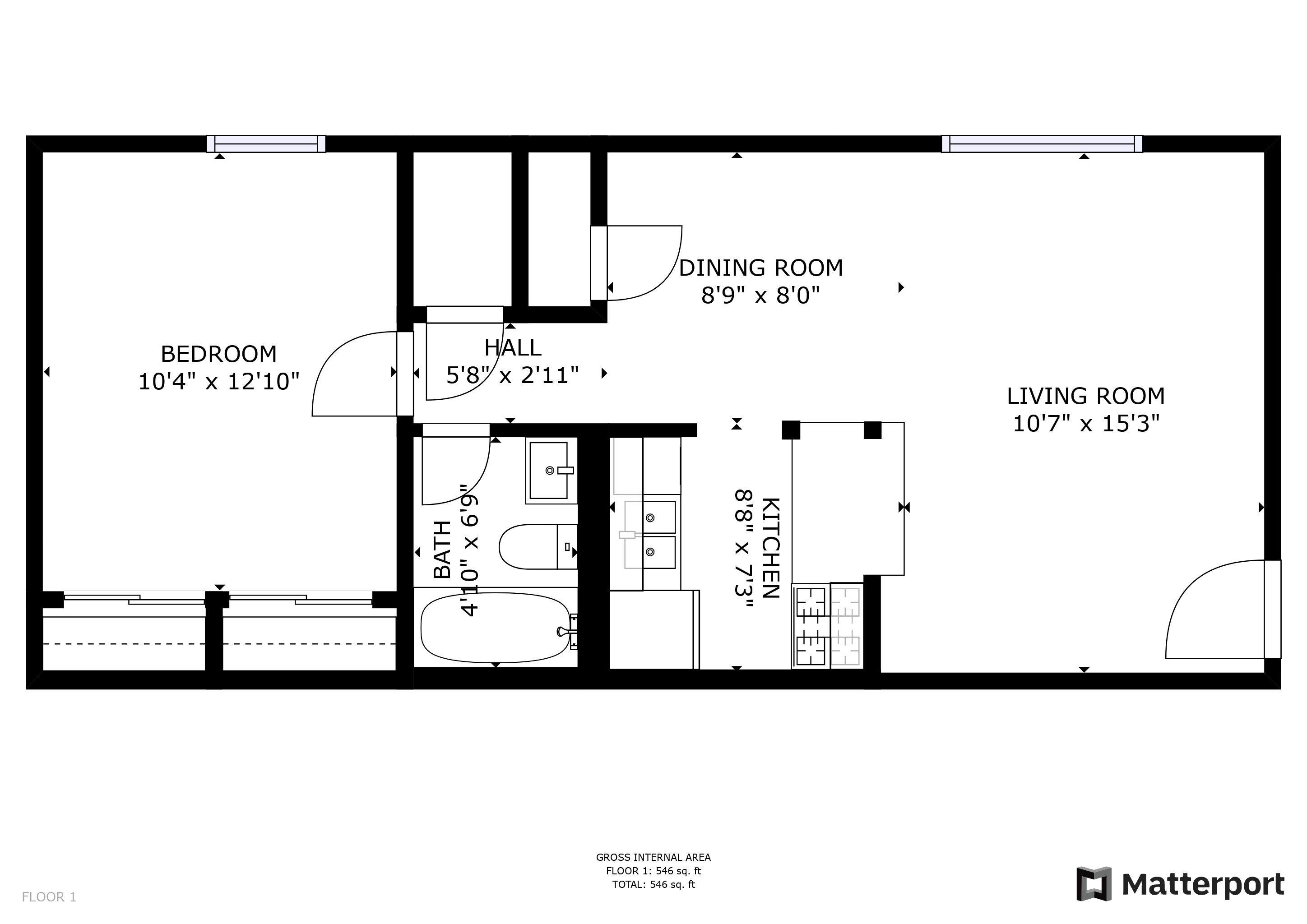 Floor plan for 1 bed, 1 bath, 550 sqft