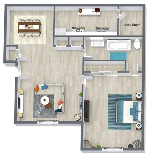 Floor plan for 1 bed, 1 bath, 900 sqft