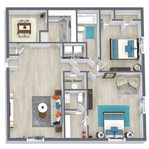 Floor plan for 2 beds, 1.5 baths, 1050 sqft