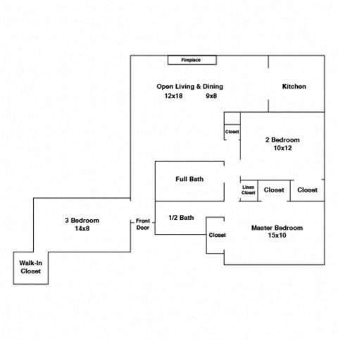 Floor plan for 3 beds, 1.5 baths, 986 sqft