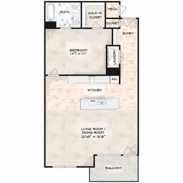 Floor plan for 1 bed, 1 bath, 1012 sqft
