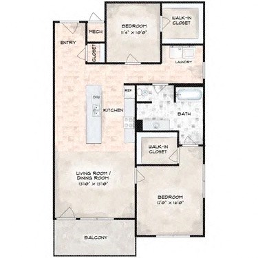 Floor plan for 2 beds, 1 bath, 1166 sqft