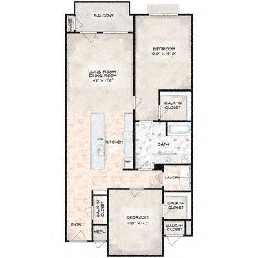 Floor plan for 2 beds, 1 bath, 1283 sqft