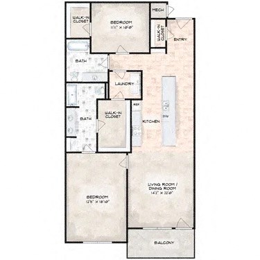 Floor plan for 2 beds, 2 baths, 1352 sqft