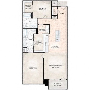 Floor plan for 2 beds, 2 baths, 1352 sqft