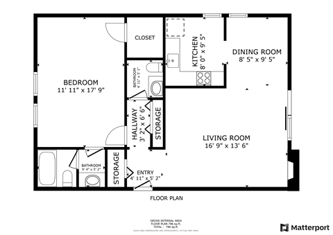 Floor plan for 1 bed, 1.5 baths, 840 sqft