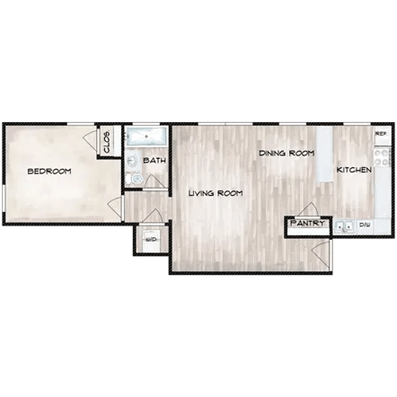 Floor plan for 1 bed, 1 bath, 611 sqft