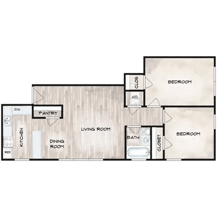 Floor plan for 2 beds, 1 bath, 763 sqft