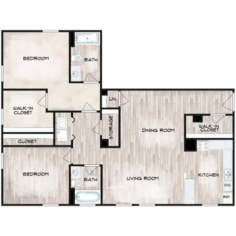 Floor plan for 2 beds, 2 baths, 1033 sqft