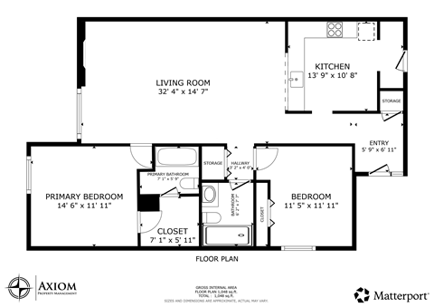 Floor plan for 2 beds, 2 baths, 1100 sqft