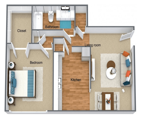 Floor plan for 1 bed, 1 bath, 550 sqft