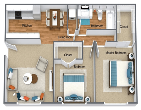 Floor plan for 2 beds, 1 bath, 800 sqft
