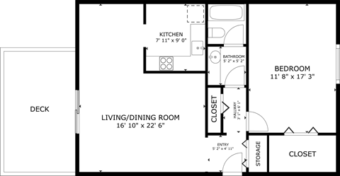 Floor plan for 1 bed, 1 bath, 800 sqft