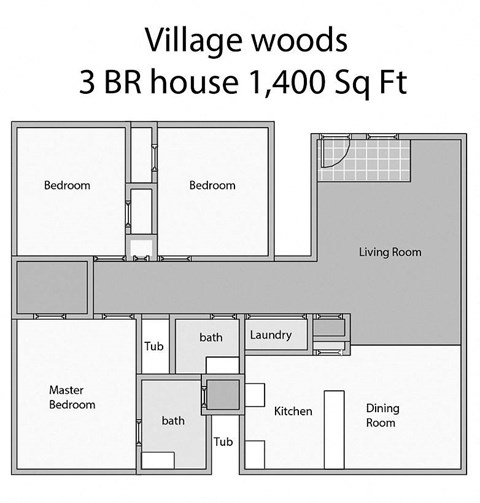 Floor plan for 3 beds, 2 baths, 1250 sqft