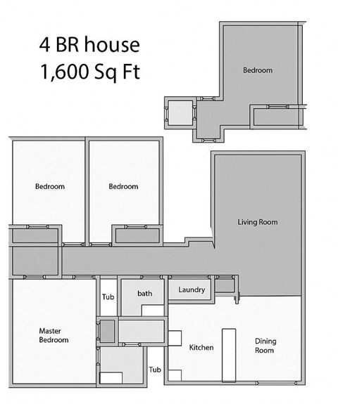 Floor plan for 4 beds, 2 baths, 1600 sqft
