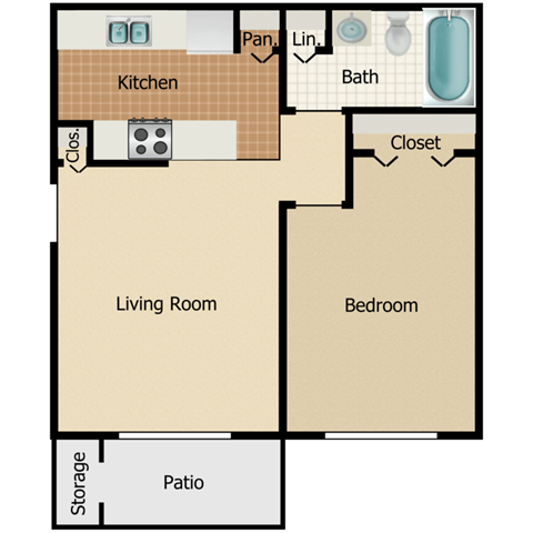 Floor plan for 1 bed, 1 bath, 600 sqft
