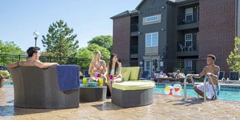 Shimmering swimming pool with sundeck
