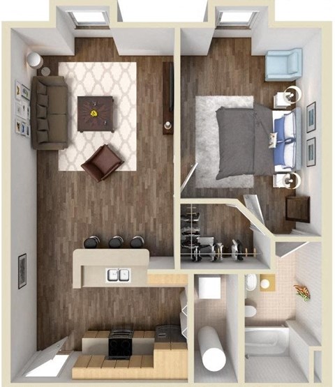 Floor plan for 1 bed, 1 bath, 673 sqft