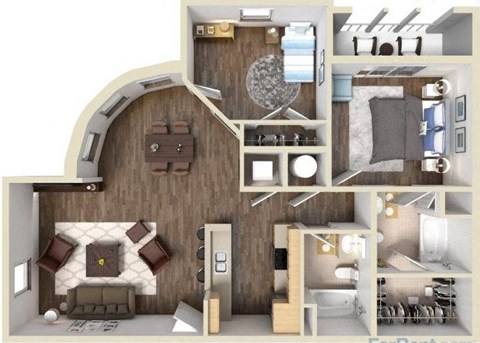 Floor plan for 2 beds, 2 baths, 1064 sqft