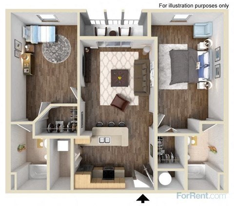 Floor plan for 2 beds, 2 baths, 1021 sqft
