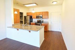 Lafayette apartment for rent - A kitchen with wooden cabinets and a granite countertop.