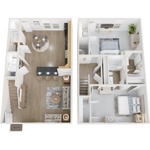 Floor plan for 2 beds, 2.5 baths, 1200 sqft