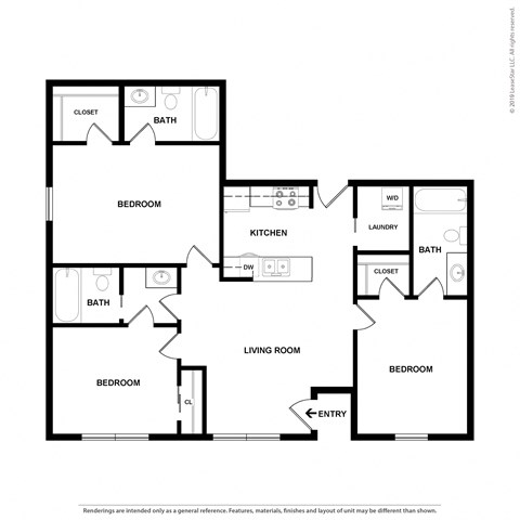 Floor plan for 3 beds, 2 baths, 1052 sqft