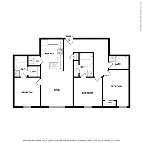 Floor plan for 3 beds, 2 baths, 1072 sqft