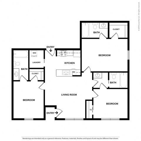 Floor plan for 3 beds, 2 baths, 1050 sqft