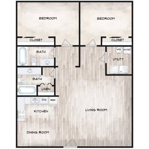 Floor plan for 2 beds, 2 baths, 850 sqft
