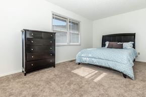 Bloomington apartment for rent - A bedroom with a black dresser and a blue bedspread.
