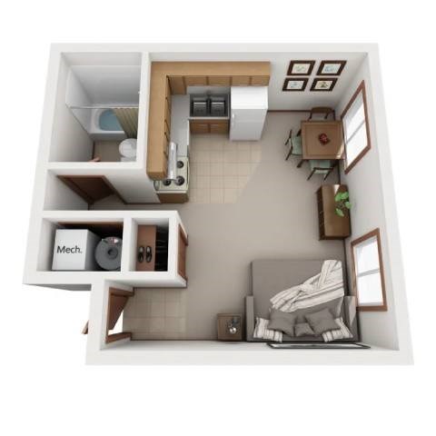 Floor plan for studio, 1 bath, 301 sqft