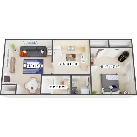 Floor plan for 1 bed, 1 bath, 648 sqft