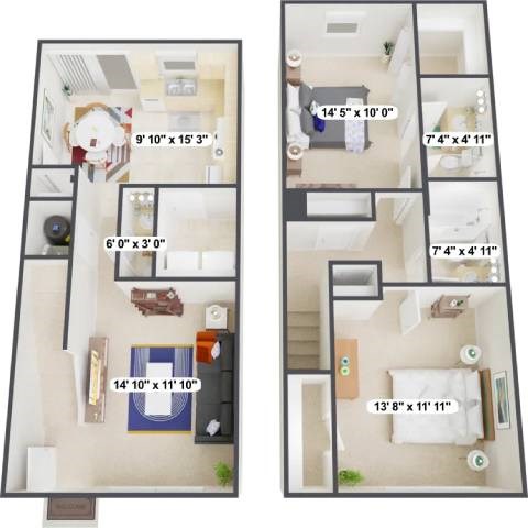 Floor plan for 2 beds, 2.5 baths, 1100 sqft