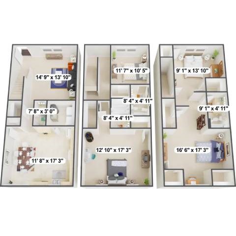 Floor plan for 3 beds, 3.5 baths, 2015 sqft