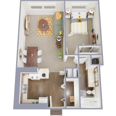 Floor plan for 1 bed, 1 bath, 670 sqft